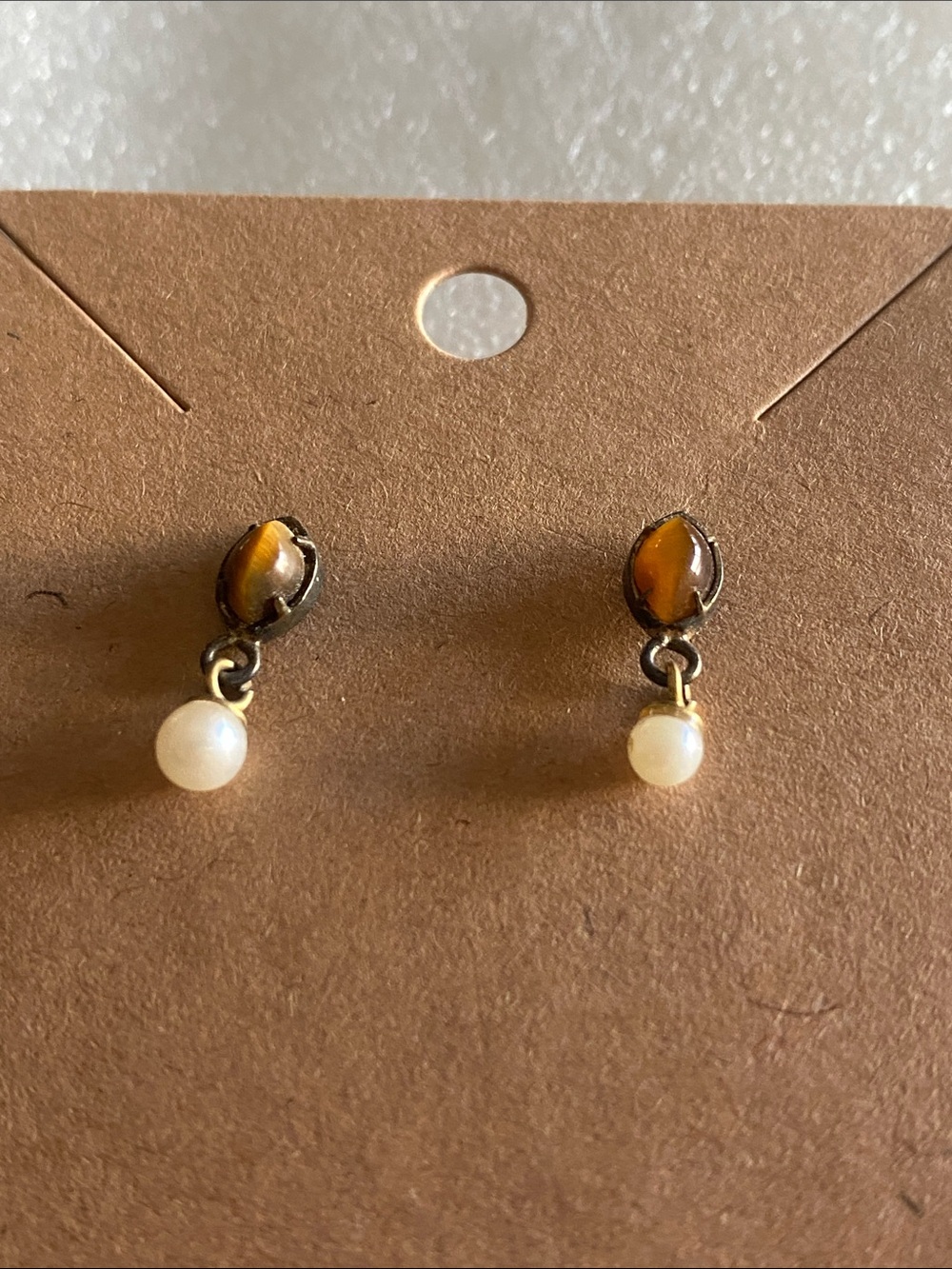 Delicate Wells 12 KGF Tigers Eye & Pearl Drop Stud Earrings - Women Jewelry